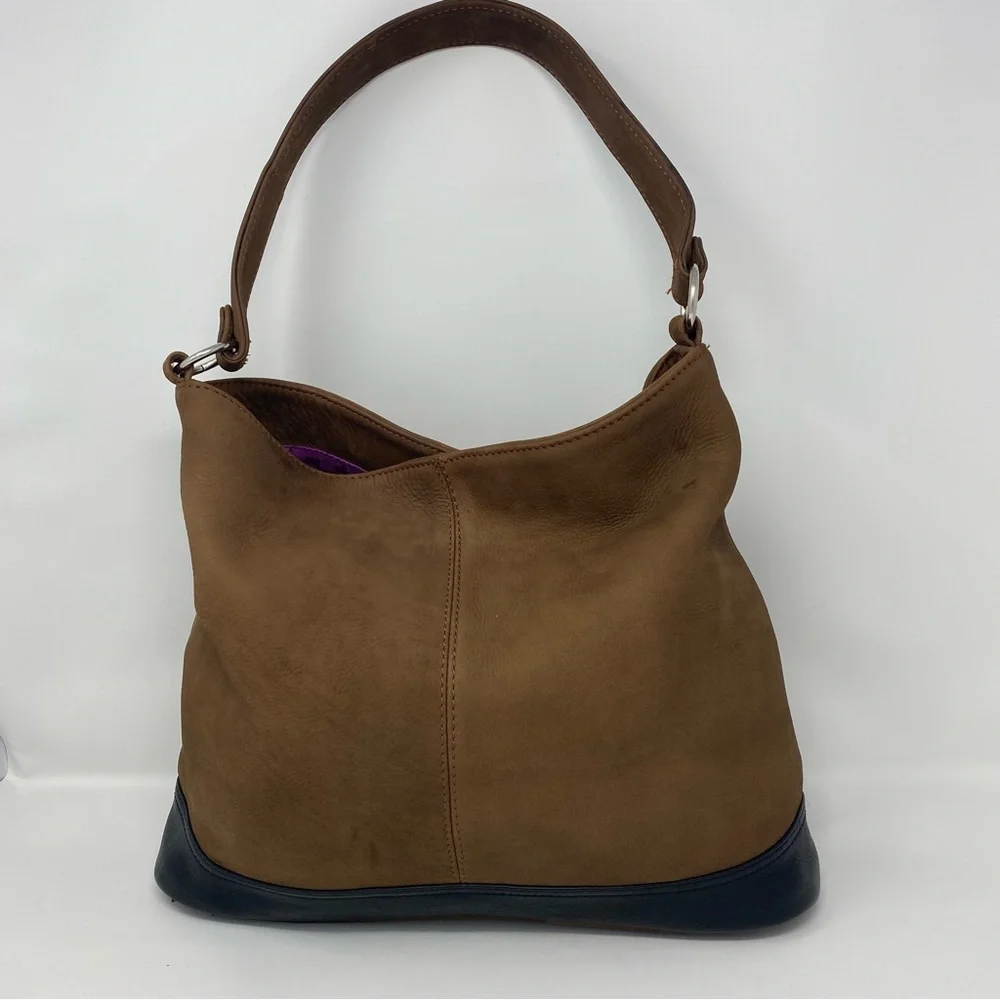 Brown Suede Shoulder Hobo Bag with Dark Trim